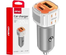 Automobilinis įkroviklis USB-A + USB-C 20W 12/24V AMiO-03882