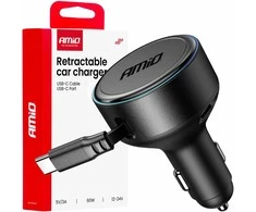 Automobilinis įkroviklis su ištraukiamu C kabeliu ir USB-C 12/24V 60W AMIO-04368