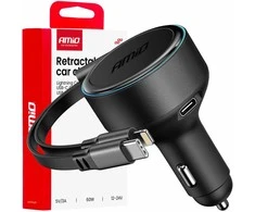 Automobilinis įkroviklis su ištraukiamu C kabeliu, Lightning ir USB-C 12/24V 60W AMIO-04370