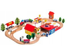 Lean Toys Medinė trasa su automobiliais, traukiniu ir sraigtasparniu