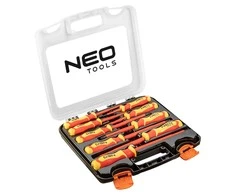 Neo 9 vnt. VDE atsuktuvų rinkinys: 0,6*3*100, 0,8*4*100, 1,0*5,5*125, 1,2*6,5*150, 1,6*8*175, PH0*3*60 mm, PH1*4,5*80 mm, PH2*6*100