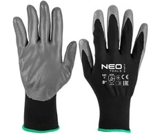 Darbinės pirštinės NEO TOOLS, aplietos nitrilu, 8 dydis