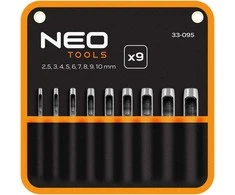 Neo Tools 9 skylmušų rinkinys, skersmuo 2,5–10 mm, oksfordo maišelis