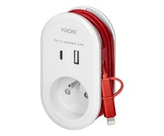 Orno Adapteris su USB įkrovikliu ir įkrovimo laidu (C tipo + „Lightning“), 1x2P+Z, 2xUSB (A+C tipo), maks. 3,4 A