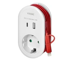 Orno Adapteris su USB įkrovikliu ir įkrovimo laidu (C tipo + „Lightning“), 1x2P+Z Schuko, 2xUSB (A+C tipo), maks. 3,4 A