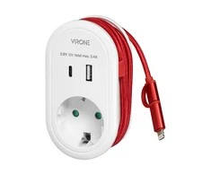 Orno Adapteris su USB įkrovikliu ir įkrovimo laidu (C tipo + „Lightning“), 1x2P+Z Schuko, 2xUSB (A+C tipo), maks. 3,4 A