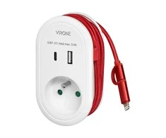 Orno Adapteris su USB įkrovikliu ir įkrovimo laidu (C tipo + „Lightning“), 1x2P+Z, 2xUSB (A+C tipo), maks. 3,4 A