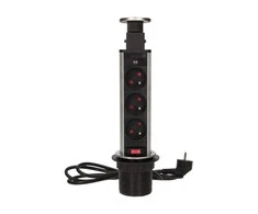 Orno Lizdas Baldų lizdas Ø6cm, ištraukiamas iš stalviršio, su spyna ir 1,8m laidu, 3x2P+Z, INOX