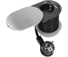 Orno Lizdas Baldinis lizdas Ø6cm, įleidžiamas į stalviršį su stumdomu dangteliu, USB įkrovikliu ir 1,9m laidu, 1x2P+Z (Schuko), 2xUSB (A+C tipo; PD20W), sidabrinis