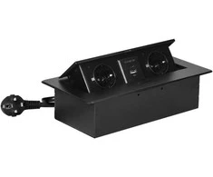 Orno Lizdas Baldinis lizdas, įleidžiamas į stalviršį, su plokščiu frezuotu kraštu, USB įkrovikliu ir 1,5 m laidu, 2x2P+Z (Schuko), 2xUSB (A+C tipo; 3,6A), juodas