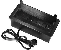Gniazdo Lizdas Į stalviršį įleidžiamas baldų lizdas su plokščiu frezuotu kraštu, dulkių šepetėliu ir 1,5 m laidu, 2x2P+Z (prancūziškas), 2xUSB (A+C tipo; 3,6A), 2xNET, juodas