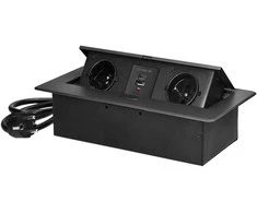 Orno Gniazda Baldų lizdai, įleidžiami į stalviršį, su plokščiu frezuotu kraštu, USB įkrovikliu ir 1,5 m laidu, 2x2P+Z, 2xUSB (A+C tipo; 3,6A), grafito spalvos