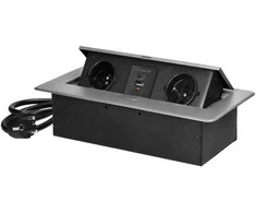 Orno Gniazda Į stalviršį įleidžiami baldų lizdai su plokščiu frezuotu kraštu, USB įkrovikliu ir 1,5 m laidu, 2x2P+Z, 2xUSB (A+C tipo; 3,6A), sidabrinės spalvos