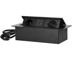 Orno Gniazda Baldų lizdai, įleidžiami į stalviršį, su plokščiu frezuotu kraštu, USB įkrovikliu ir 1,5 m laidu, 2x2P+Z, 2xUSB (A+C tipo; 3,6A), juodos spalvos