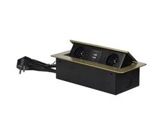 Orno Gniazda Baldų lizdai, įleidžiami į stalviršį, su plokščiu frezuotu kraštu, USB įkrovikliu ir 1,5 m laidu, 2x2P+Z, 2xUSB, žalvario spalvos