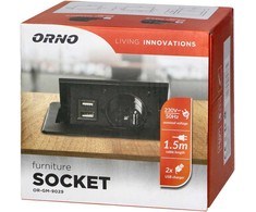 Orno Įleidžiamas baldų lizdas su USB įkrovikliu ir 1,5 m laidu, 1x2P+Z, 2xUSB (A tipas, 2.1A), plokščias frezuotas kraštas, juodas