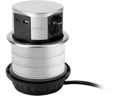 Gniazdo Lizdas Baldinis lizdas Ø10cm, ištraukiamas iš stalviršio, su USB įkrovikliu ir 1,5m laidu, 3x2P+Z (Schuko), 2xUSB (A+C tipo; maks. 3A), sidabrinis