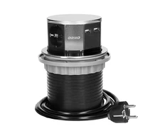 Orno Lizdas Baldinis lizdas Ø10cm, ištraukiamas iš stalviršio, su USB įkrovikliu ir 1,5m laidu, 3x2P+Z, 2xUSB, INOX, schuko