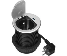 Gniazdo Lizdas Baldinis lizdas Ø6cm, įleidžiamas į stalviršį, su dangteliu, USB įkrovikliu ir 1,9m laidu, 1x2P+Z (prancūziškas), 1xUSB (C tipo; PD20W), sidabrinis