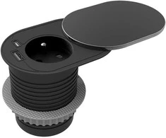Orno Lizdas baldai? 6cm, įmontuojami į stalviršį su stumdomu dangčiu, USB įkrovikliu ir 1,9m laidu, 1x2P+Z (prancūziškas), 2xUSB (A+C tipo; PD20W), juoda