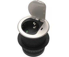 Orno Lizdas Baldinis lizdas Ø6cm, įleidžiamas į stalviršį, su dangteliu, USB įkrovikliu ir 1,9m laidu, 1x2P+Z (Schuko), 1xUSB (C tipo; 20W), sidabrinis
