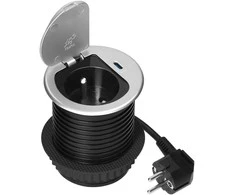 Gniazdo Lizdas Baldinis lizdas Ø6cm, įleidžiamas į stalviršį, su dangteliu, USB įkrovikliu ir 1,9m laidu, 1x2P+Z (prancūziškas), 1xUSB (C tipo; PD20W), sidabrinis