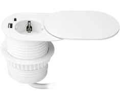 Orno Lizdas Baldinis lizdas Ø6cm, įleidžiamas į stalviršį su stumdomu dangteliu, USB įkrovikliu ir 1,9m laidu, 1x2P+Z (Schuko), 2xUSB (A+C tipo; PD20W), baltas