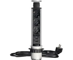 Orno Lizdas Baldinis lizdas Ø6cm, ištraukiamas iš stalviršio, su USB įkrovikliu, spyna ir 1,8m laidu, 3x2P+Z (Schuko), sidabrinis