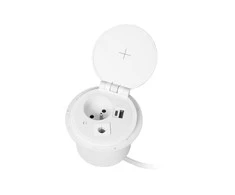 Orno Lizdas Baldinis lizdas Ø8cm, įleidžiamas į stalviršį, su indukciniu įkrovikliu, USB įkroviklis su 2 A ir C lizdais, kabelio įvorėle ir 1,8m laidu, 1x2P+Z, 2xUSB 2.4A 5V, baltas