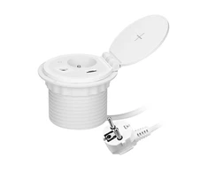 Orno Lizdas Baldinis lizdas Ø8cm, įleidžiamas į stalviršį, su indukciniu įkrovikliu, USB įkroviklis su 2 A ir C lizdais, kabelio įvorėle ir 1,8m laidu, 1x2P+Z, 2xUSB 2.4A 5V, baltas