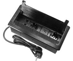 Gniazdo Lizdas Baldų lizdas, įleidžiamas į stalviršį, su plokščiu frezuotu kraštu, apsaugančiu nuo dulkių ir 1,5 m laidu, 2x2P+Z (Schuko), 2xUSB (A+C tipo; 3,6A), 2xNET, juodas