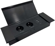 Orno Lizdas Į stalviršį įleidžiamas baldų lizdas su plokščiu frezuotu kraštu, atlenkiamu dangteliu, USB įkrovikliu ir 1,5 m laidu, 2x2P+Z (prancūziškas), 2xUSB (A+C tipo; 3,6A), juodas