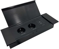 Orno Lizdas Į stalviršį įleidžiamas baldų lizdas su plokščiu frezuotu kraštu, atlenkiamu dangteliu, USB įkrovikliu ir 1,5 m laidu, 2x2P+Z (prancūziškas), 2xUSB (A+C tipo; 3,6A), juodas