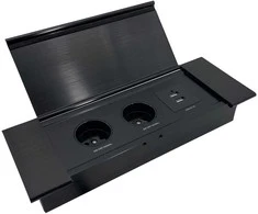 Gniazdo Lizdas Baldinis lizdas, įleidžiamas į stalviršį, su plokščiu frezuotu kraštu, atlenkiamu dangteliu, USB įkrovikliu ir 1,5 m laidu, 2x2P+Z (Schuko), 2xUSB (A+C tipo; 3,6A), juodas