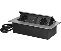 Orno Lizdas Baldinis lizdas, įleidžiamas į stalviršį, su plokščiu frezuotu kraštu, USB įkrovikliu ir 1,5 m laidu, 2x2P+Z (Schuko), 2xUSB (A+C tipo; 3,6A), sidabrinis