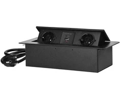 Orno Lizdas Baldinis lizdas, įleidžiamas į stalviršį, su plokščiu frezuotu kraštu, USB įkrovikliu ir 1,5 m laidu, 2x2P+Z (Schuko), 2xUSB (A+C tipo; 3,6A), juodas