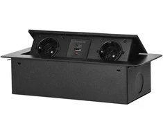 Orno Lizdas Baldinis lizdas, įleidžiamas į stalviršį, su plokščiu frezuotu kraštu ir USB įkrovikliu, 2x2P+Z (Schuko), 2x USB (A+C tipo; 3,6A), juodas