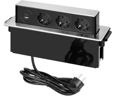 Gniazdo Lizdas Baldinis lizdas, išsikišantis iš stalviršio, su plokščiu frezuotu kraštu, USB įkrovikliu ir 2 m laidu, 3x2P+Z (Schuko), 2 x USB (A+C tipo; PD20W), 3x1,5mm², INOX