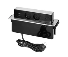 Orno Lizdas Baldinis lizdas, išsikišantis iš stalviršio, su plokščiu frezuotu kraštu, USB įkrovikliu ir 2 m laidu, 2x2P+Z, 2 x USB (A tipo), HDMI, 3x1,5mm2, juodas ir sidabrinis, INOX