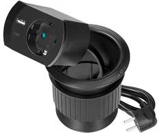Gniazdo Lizdas Įleidžiamas lizdas su USB įkrovikliu, kabelio sandarikliu ir 1,4 m laidu, 1x2P+Z (Schuko), 2xUSB (A+C tipo; PD20W), juodas