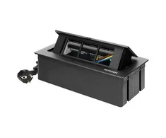 Orno NOEN baldų kasetė, įleidžiama į stalviršį, su integruotu PVC rėmu moduliniams lizdams 3 x 45x45mm arba 6 x 22,5x45mm, 1,5m laidas, juoda