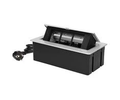 Orno NOEN baldų kasetė, įleidžiama į stalviršį, su integruotu PVC rėmu moduliniams lizdams 3 x 45x45mm arba 6 x 22,5x45mm, 1,5m laidas, sidabrinė