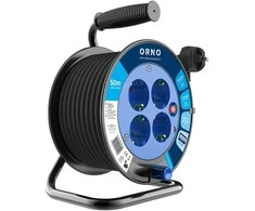 Orno Przedłużacz Prailginimo laido ritė, 4 lizdai 2P+Z (schuko), PVC kabelis H05VV-F 3x1,5mm2, ilgis 50m, šiluminė apsauga, srovės kelio sklendės
