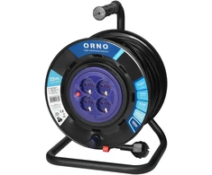 Orno Przedłużacz Ilgintuvo ritė, 4 lizdai 2P+Z Schuko, PVC kabelis H05VV-F 3x1,5mm2, ilgis 25m, fiksuoti lizdai, šiluminė apsauga, srovės kelio sklendės