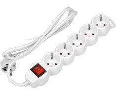 Orno Przedłużacz 5 kontaktų prailgintuvas 2P+Z (Schuko), su jungikliu, 5m H05VV-F 3x1.5mm2, Imax=16A, plokščias kištukas, baltas