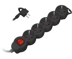 Orno Przedłużacz 5 kontaktų prailgintuvas 2P+Z (Schuko), su jungikliu, 5m H05VV-F 3x1.5mm2, Imax=16A, plokščias kištukas, juodas