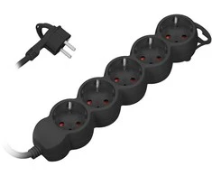Orno Przedłużacz 5 kontaktų prailgintuvas 2P+Z (Schuko), 5m H05VV-F 3x1.5mm2, Imax=16A, plokščias kištukas, juodas