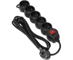 Orno Przedłużacz 5 kontaktų prailgintuvas 2P+Z, su jungikliu, 3m H05VV-F 3x1.5mm2, Imax=16A, plokščias kištukas, juodas