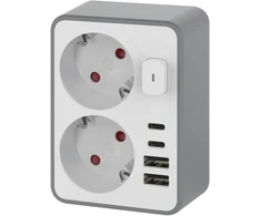 Orno Rozgałęźnik 2x 2P+Z, Schuko, su ładowarką 2x USB-A + 2x USB-C, max. 3,4 A, 17 W, balta ir-pilka
