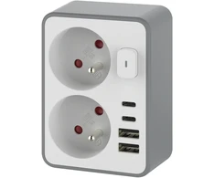 Orno Rozgałęźnik 2x 2P+Z, su ładowarką 2x USB-A + 2x USB-C, max. 3,4 A, 17 W, balta ir-pilka
